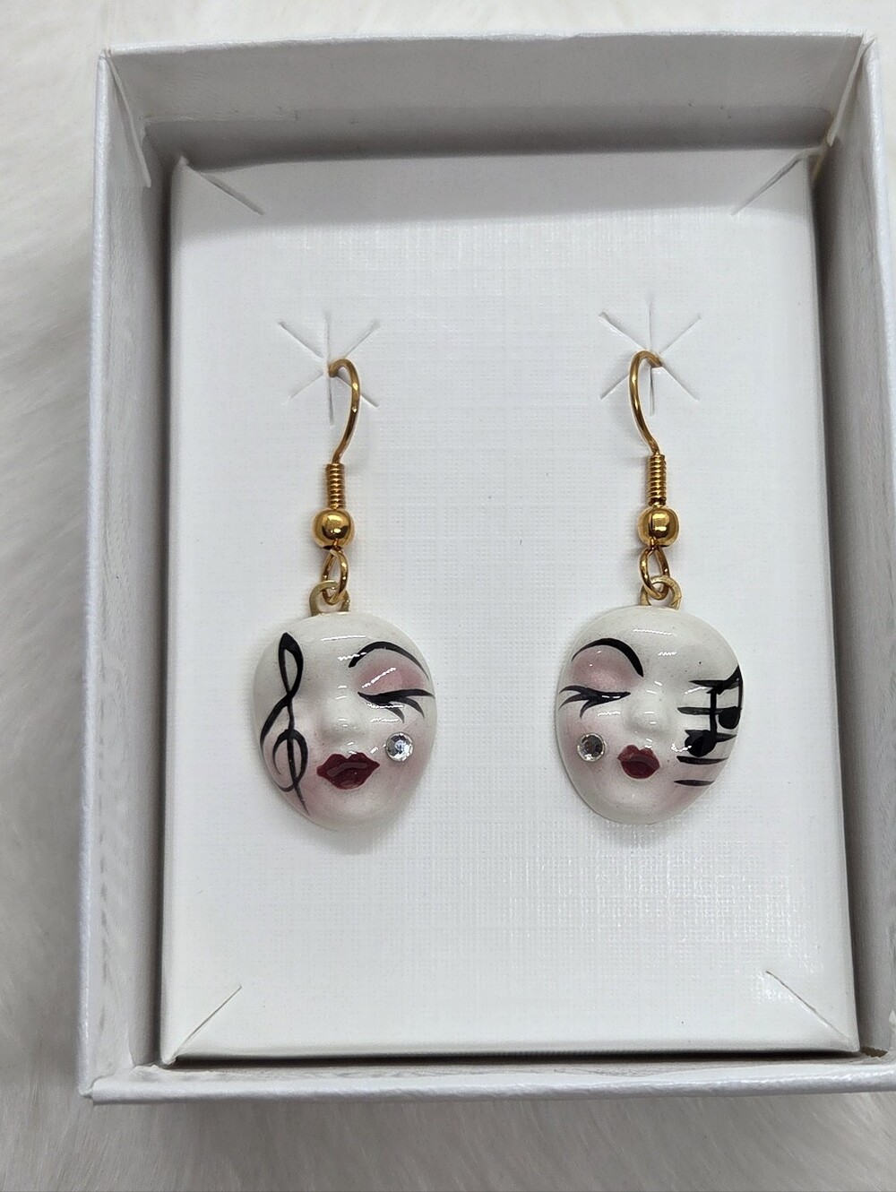 Vintage Fancy Faces Hand Painted Porcelain Music Note Mask Dangle Earrings